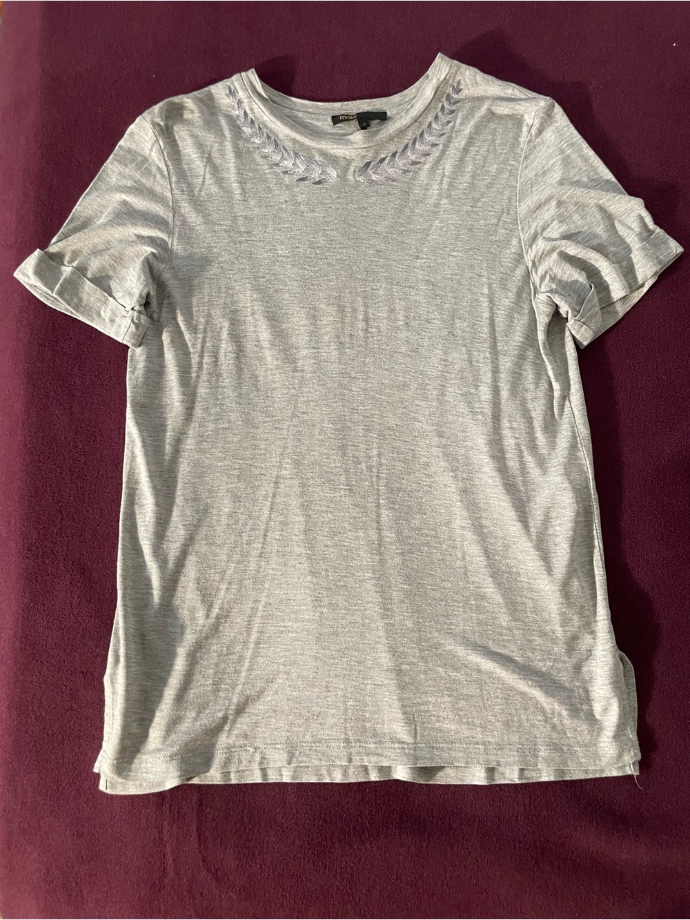 Maje Light Gray Short Sleeve Tee with Embroidered Neck Detail